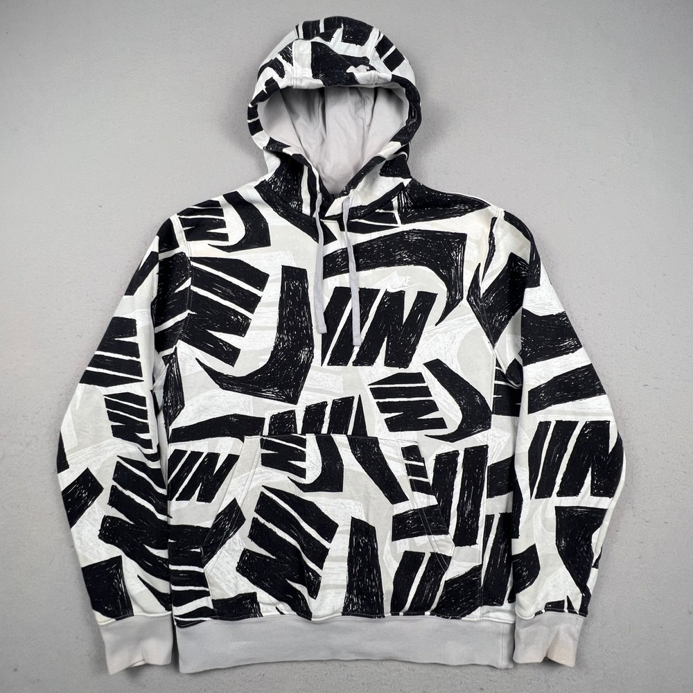 Nike Hoodie Mens Small AOP White Black Scribble Logo Pullover DM1229-010 Sweater